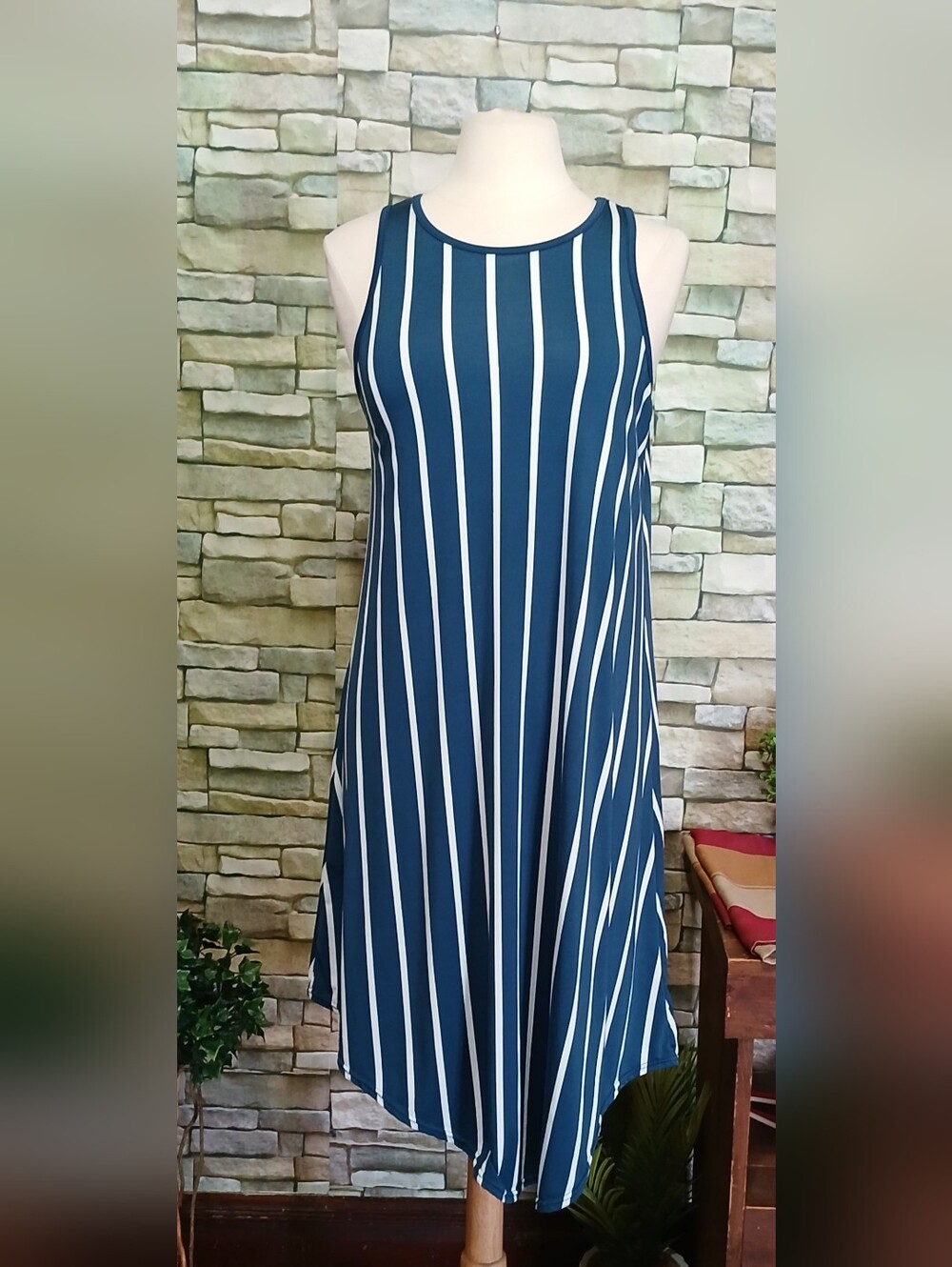 West Loop Navy White Vertical Stripe Midi Dress Hankerchief Hem